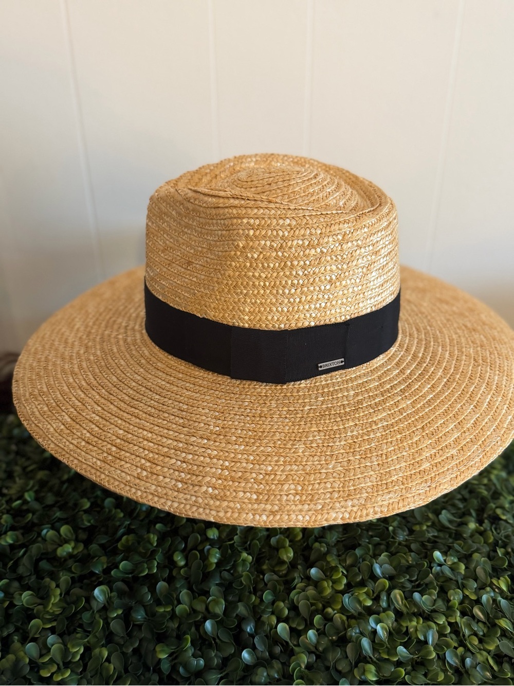 Brixton Tan Straw Boater Hat with Black Band